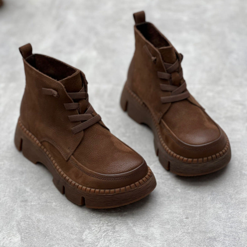 Retro Soft Leather Ankle Boots for Women – Comfortable Lace Up Design