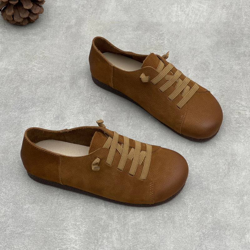 Women’s Handmade Leather Round Toe Flats – Lace-Up Lightweight Casual Shoes
