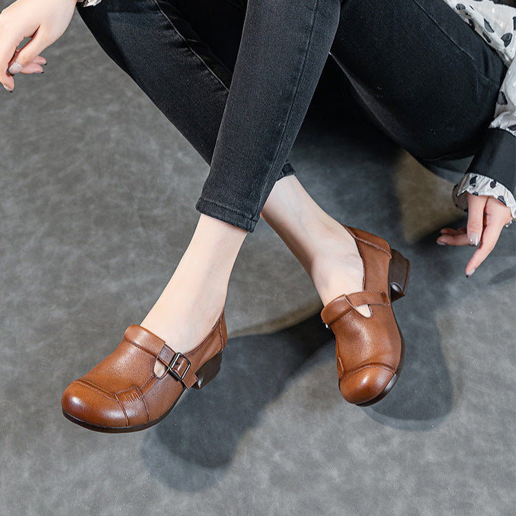 Women's Leather Casual Buckle Up Slip On Low Heeled Loafers
