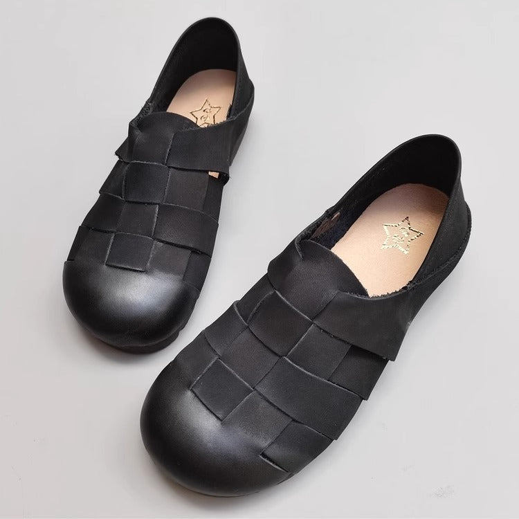 Women's Handmade Leather Round Toe Braided Breathable Flat Shoes