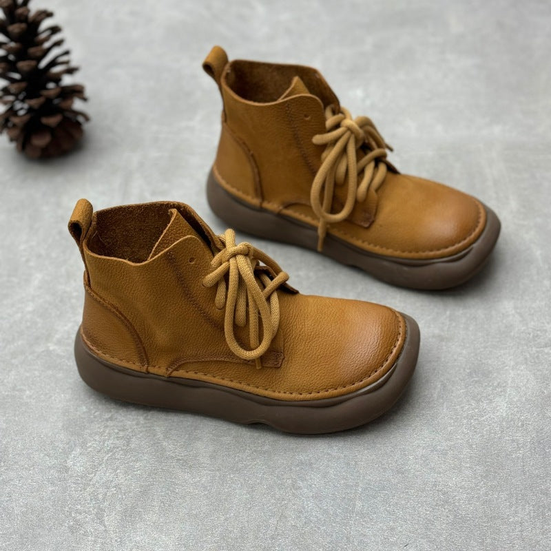 Retro Style Women's Soft Leather Ankle Boots – Platform Lace-Up Short Boots