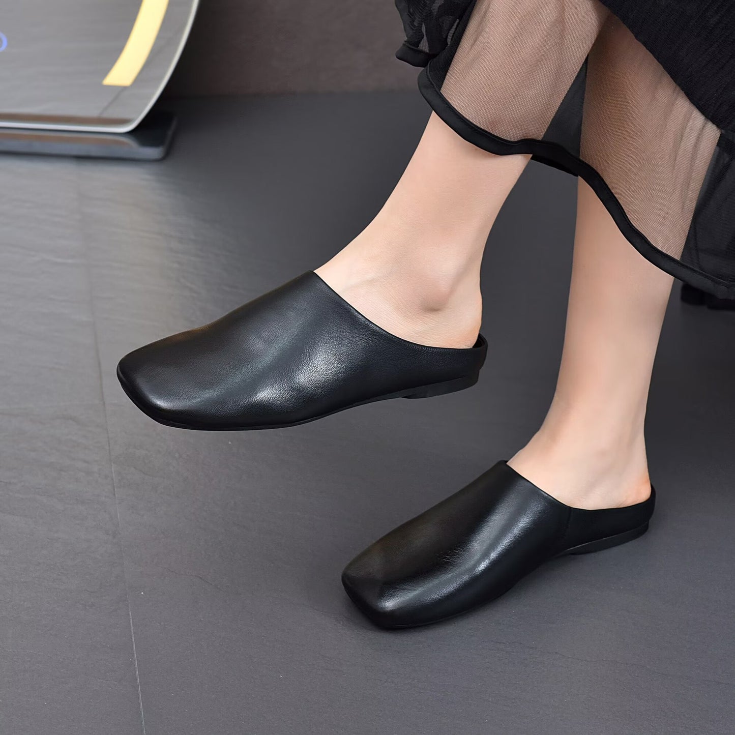 Women's Minimalist Square Toe Leather Slides - Zen Style Summer Mules Flat