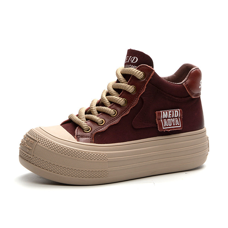 Women’s Leather Patchwork Lace-Up High-Top Shoes – Platform Casual Sneakers