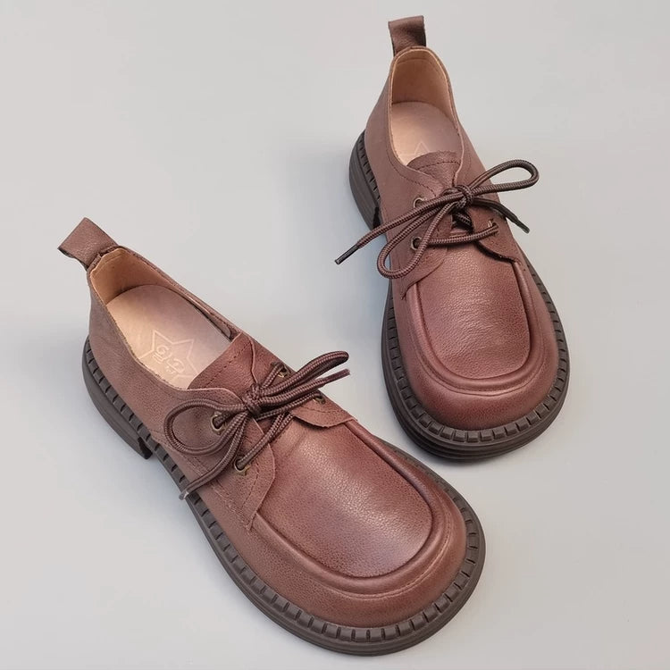 Women's Wide Toe Box Genuine Leather Oxfords British Style Lace Up Derby Shoes