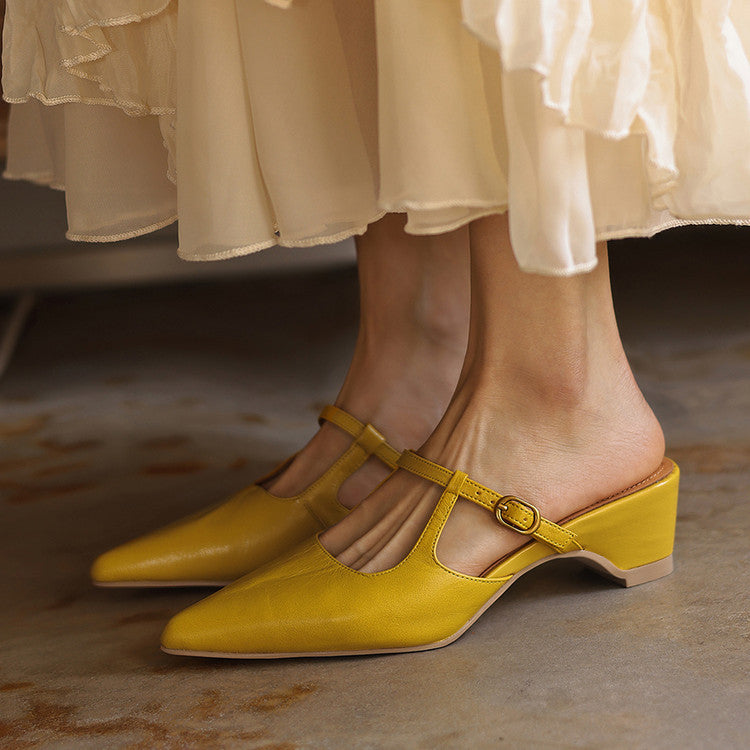 Women's Sheepskin T-Strap Mules - Pointed Toe Mid Block Heel Pumps-