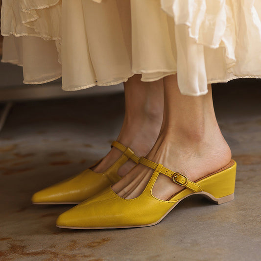 Women's Sheepskin T-Strap Mules - Pointed Toe Mid Block Heel Pumps-