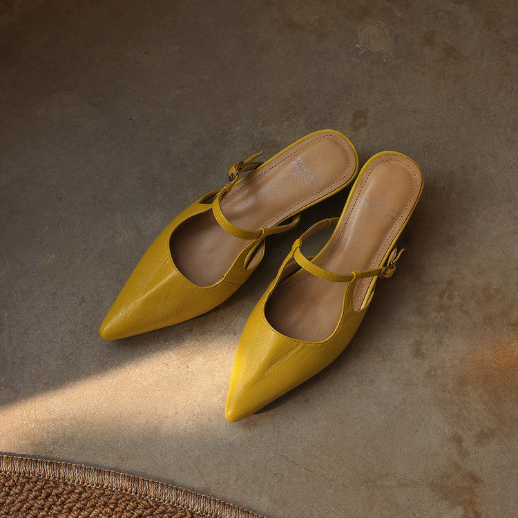 Women's Sheepskin T-Strap Mules - Pointed Toe Mid Block Heel Pumps-