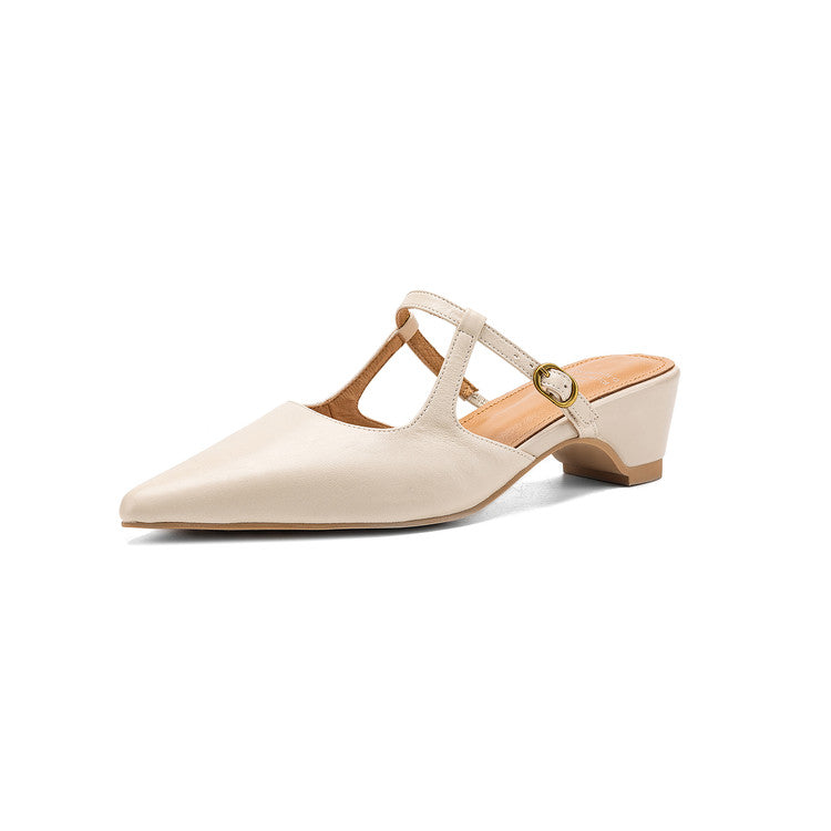Women's Sheepskin T-Strap Mules - Pointed Toe Mid Block Heel Pumps-