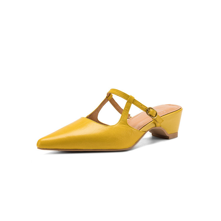 Women's Sheepskin T-Strap Mules - Pointed Toe Mid Block Heel Pumps-