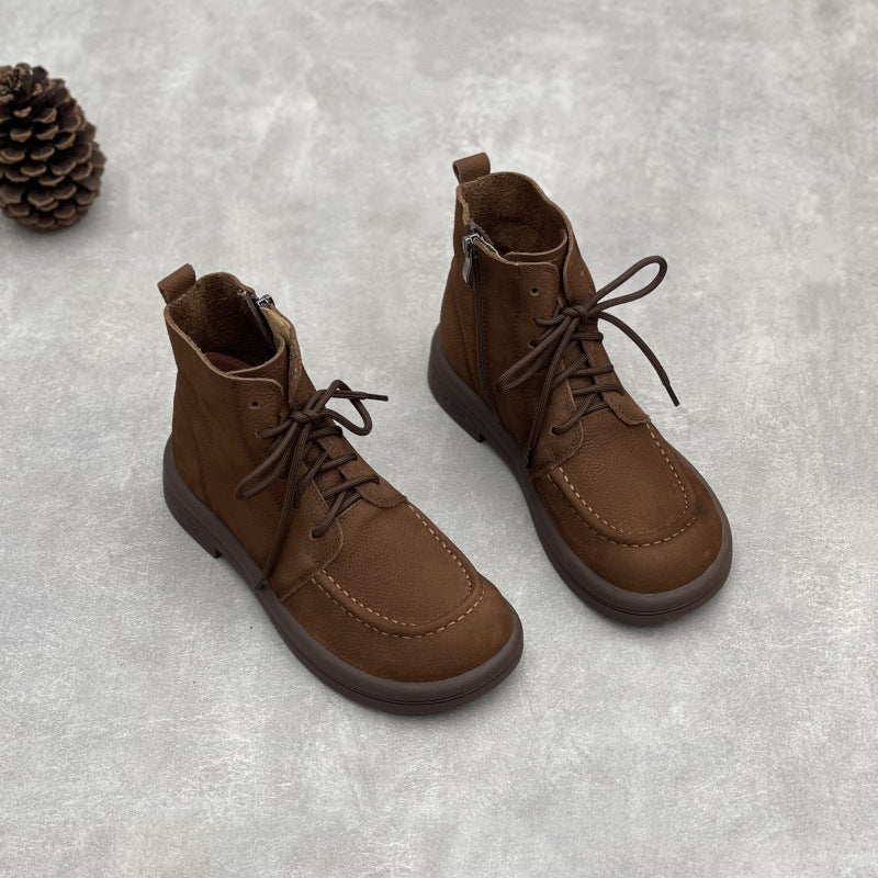 Comfy Vintage Zip Ankle Boots for Women – Lace Up Soft Leather Style