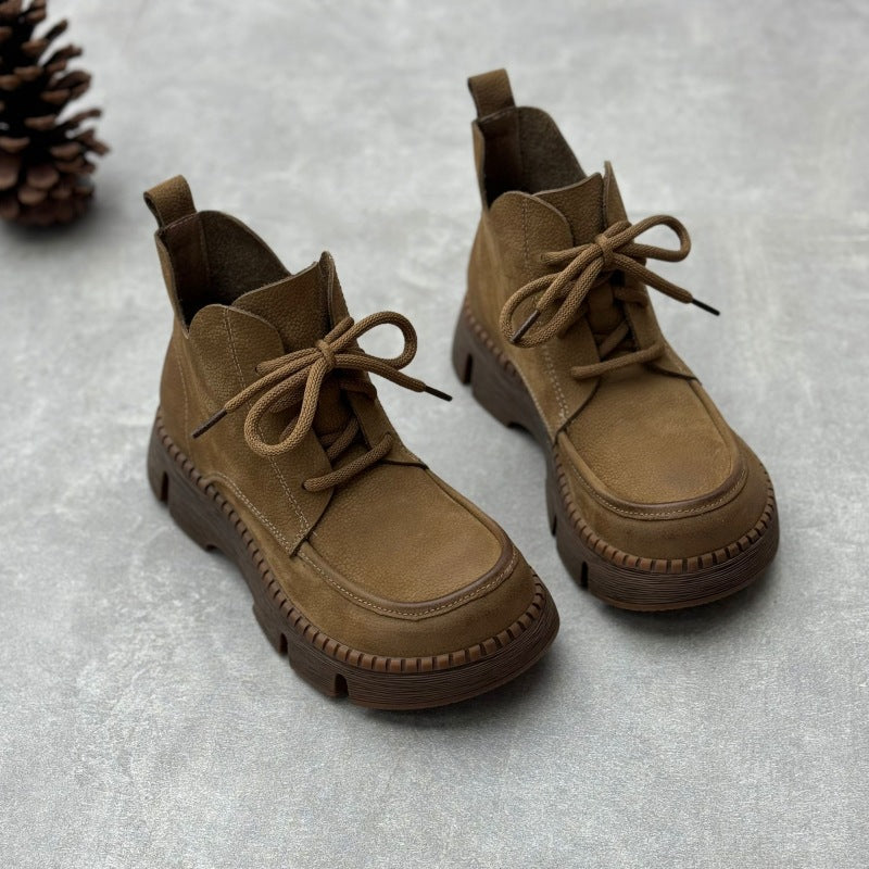 Women's Vintage Leather Lace-Up Boots – Soft Platform Short Ankle Shoes
