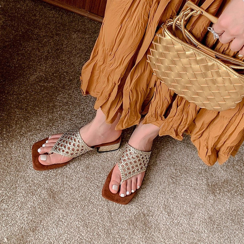 Women's Mesh Mid Heel Slide Sandals – Block Heel Toe Loop Design