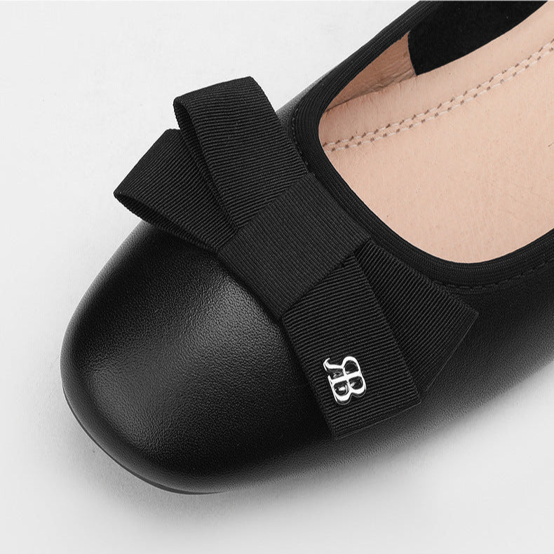 Women's Leather Ballet Flats - Round Toe with Elegant Bow Detail