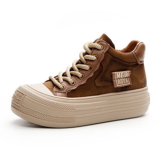 Women’s Leather Patchwork Lace-Up High-Top Shoes – Platform Casual Sneakers
