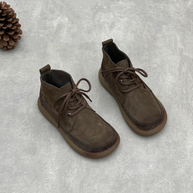 Women's Retro Leather Patchwork Boots – Lace-Up Soft Short Ankle Shoes