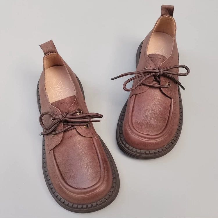 Women's Wide Toe Box Genuine Leather Oxfords British Style Lace Up Derby Shoes