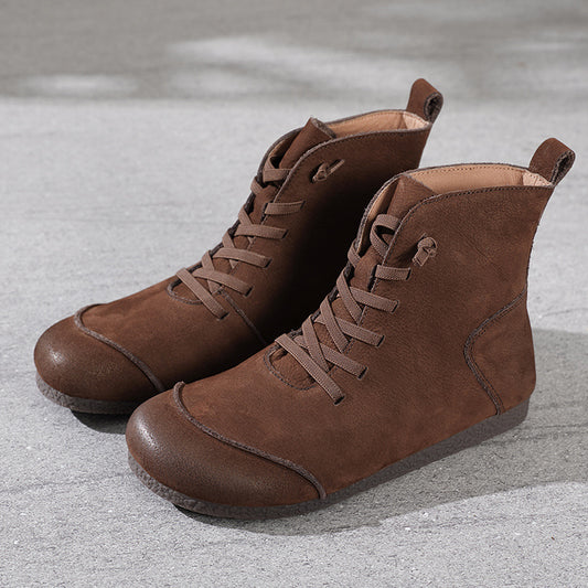 Women's Leather Contrast Panel Ankle Boots - Round-Toe Lace-Up Design
