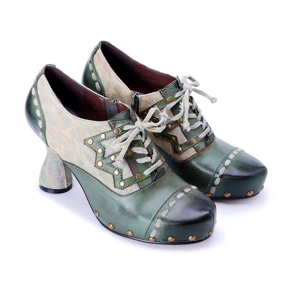 Vintage Inspired Leather Heeled Oxfords for Women - Studded Pointed Toe Lace-up Shoes