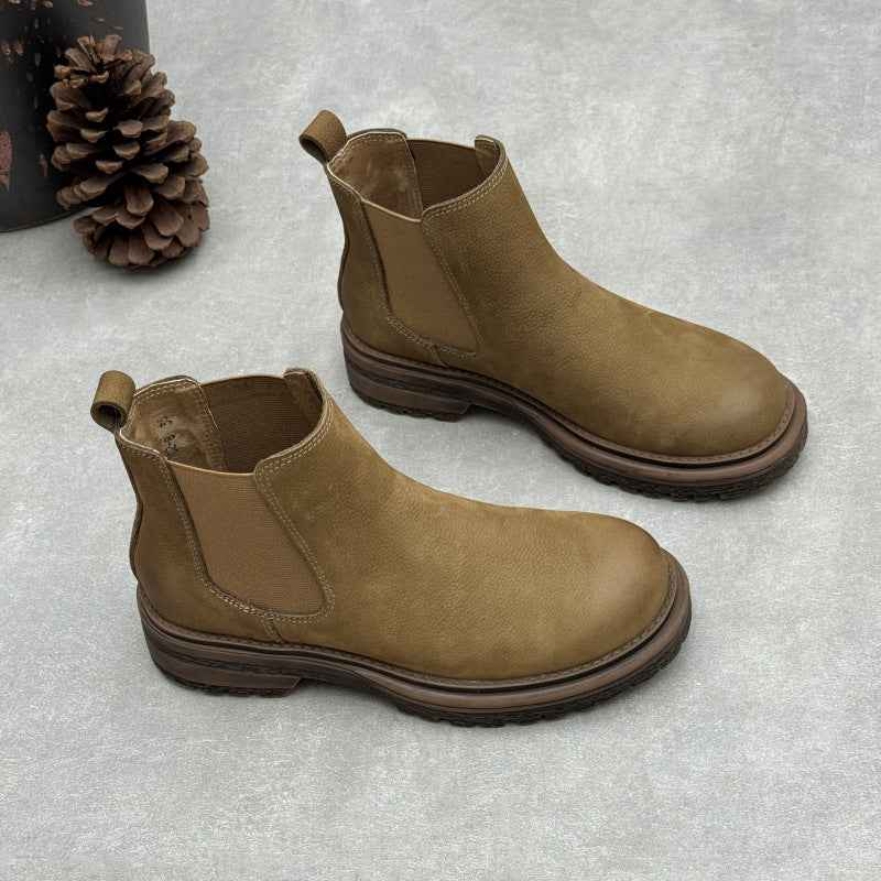 Women's Top-Grain Leather Chelsea Ankle Boots Slip On Low Platform Heel Booties