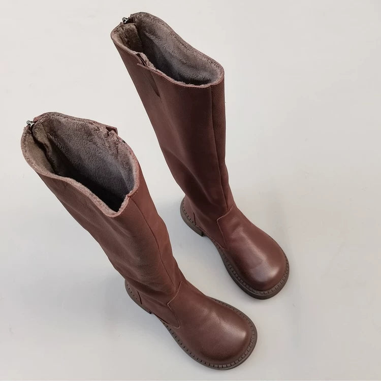 Women's Winter Fleece-lined Wide Toe Box Genuine Leather Knee High Boots British Style Riding Boots