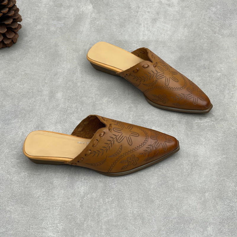 Women's Embossed Leather Mules – Vintage Bohemian Pointed-Toe Floral Slides