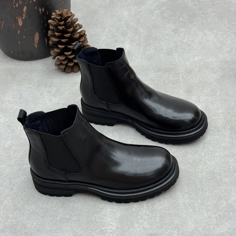 Women's Washed Leather Chelsea Ankle Boots Slip On Low Platform Heel Booties
