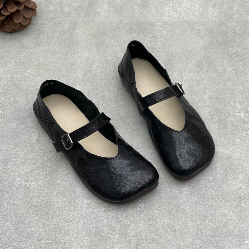 Women’s Handmade Sheepskin Mary Jane Flats – Square Toe V-Cut Comfortable Shoes