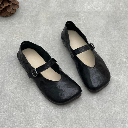 Women’s Handmade Sheepskin Mary Jane Flats – Square Toe V-Cut Comfortable Shoes