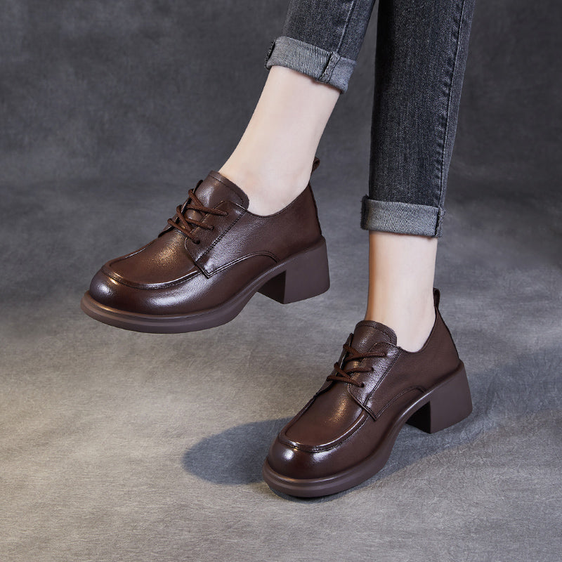 Women's Leather Comfortable Low Heel Block Oxford Shoes