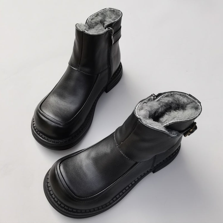 Women's Vintage Wide Toe Leather Derby Boots – Shearling Lined Winter Ankle Boots