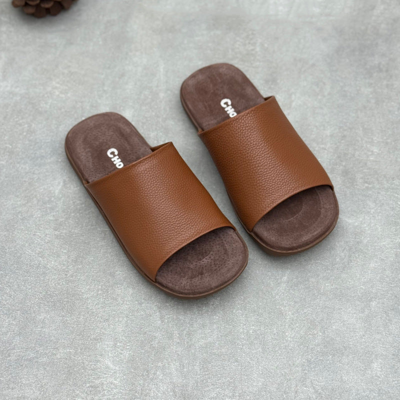 Women's Minimalist Pebbled Leather Mules - Luxury Raw-Cut Summer Slides