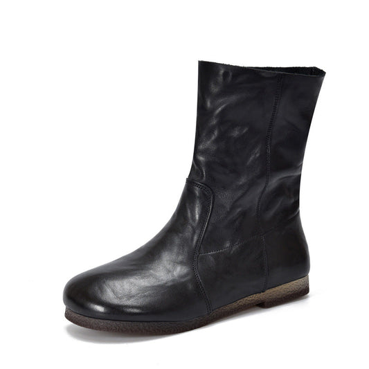 Women's Leather Round-Toe Calf Boots – Casual Comfortable Shoes