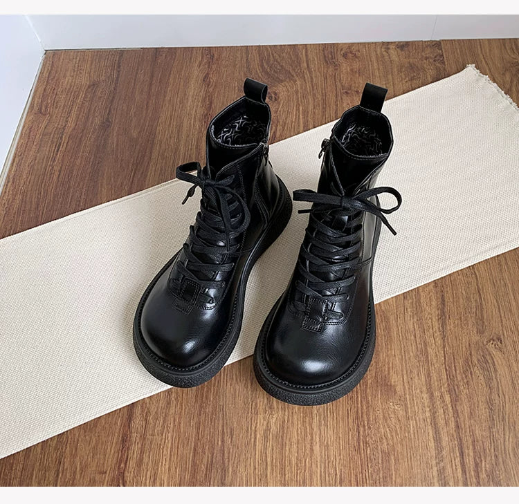 Women's Ankle Boots Lace Up Mid Calf Combat Booties Platform Low Heel