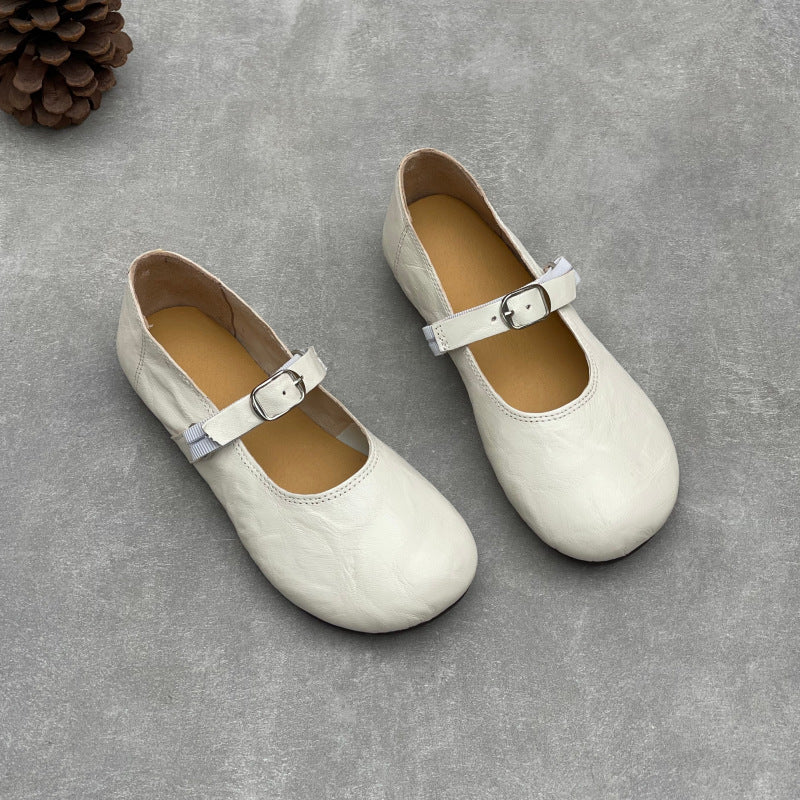 Women’s Handmade Sheepskin Mary Jane Flats – Vintage Round Toe Slip-On Shoes