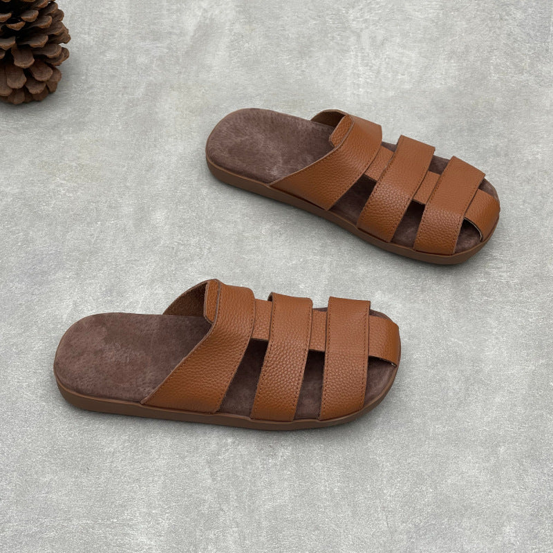 Artisanal Woven Leather Summer Slides - Minimalist Round Toe Cowhide Mules - Breathable Flat Footwear