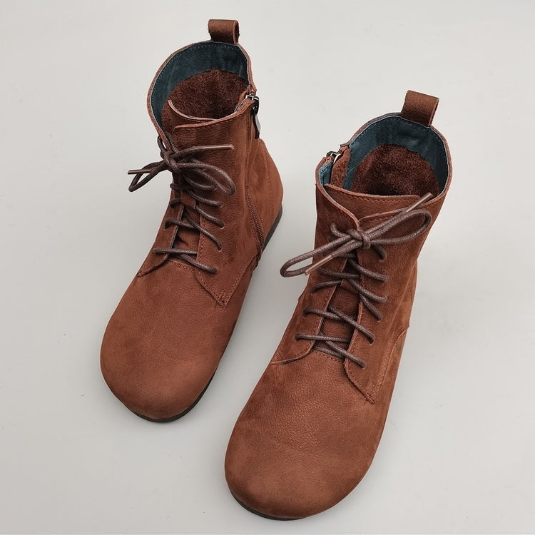 Women's Handmade Vintage Leather Lace-Up Flat Boots – Soft Sole, Breathable & Comfortable