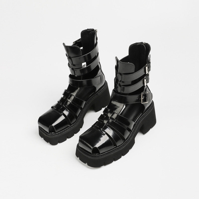 Women's Gladiator Platform Cyberpunk Patent Leather Platform Sandals - Gothic Multi-Strap High Heel Boots