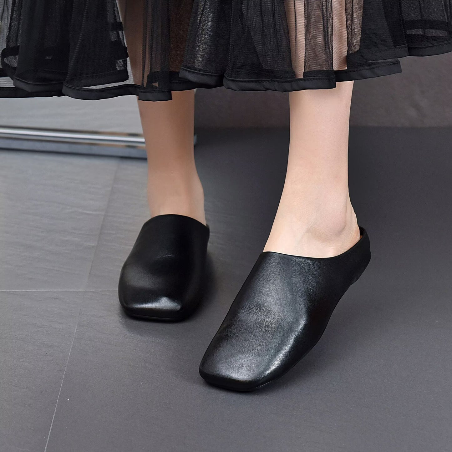 Women's Minimalist Square Toe Leather Slides - Zen Style Summer Mules Flat