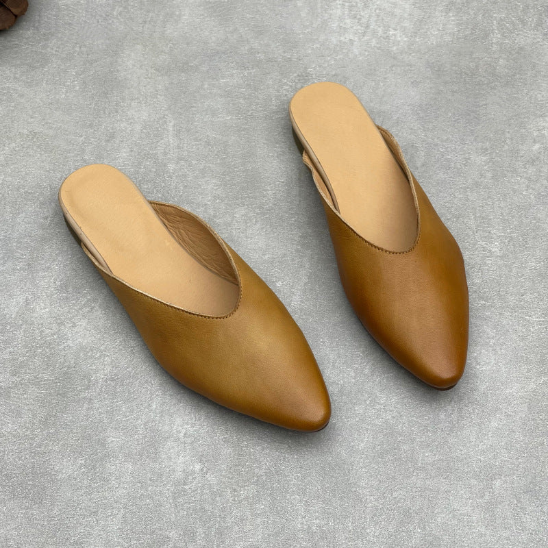 Women's Pointed Toe Leather V-Cut Mules - Unlined Minimalist Flat Slides