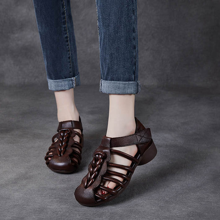 Breathable Leather Summer Sandals for Women - Round Toe Flat Walking Shoes with Velcro Strap