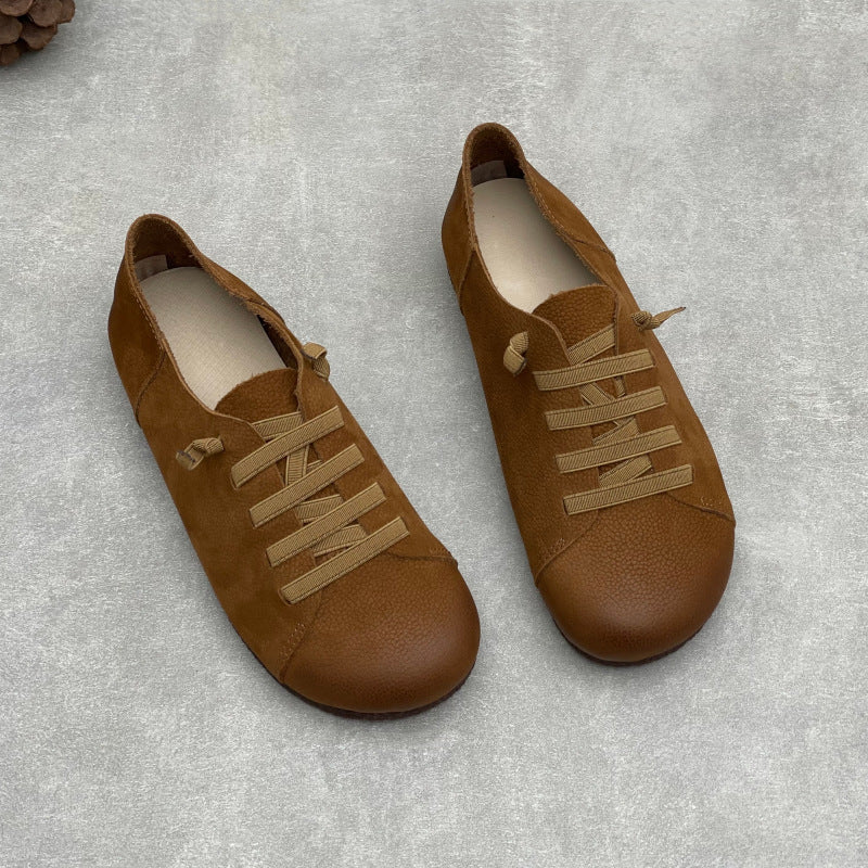 Women’s Handmade Leather Round Toe Flats – Lace-Up Lightweight Casual Shoes