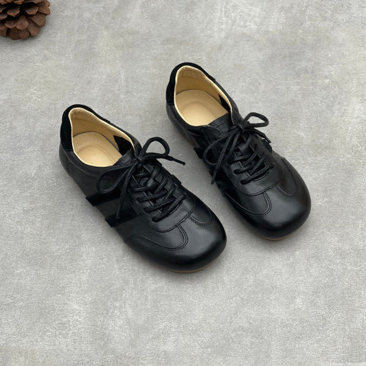 Women's Vintage Leather Retro Runners Round Toe Soft Sole Lace-Up Walking Shoes