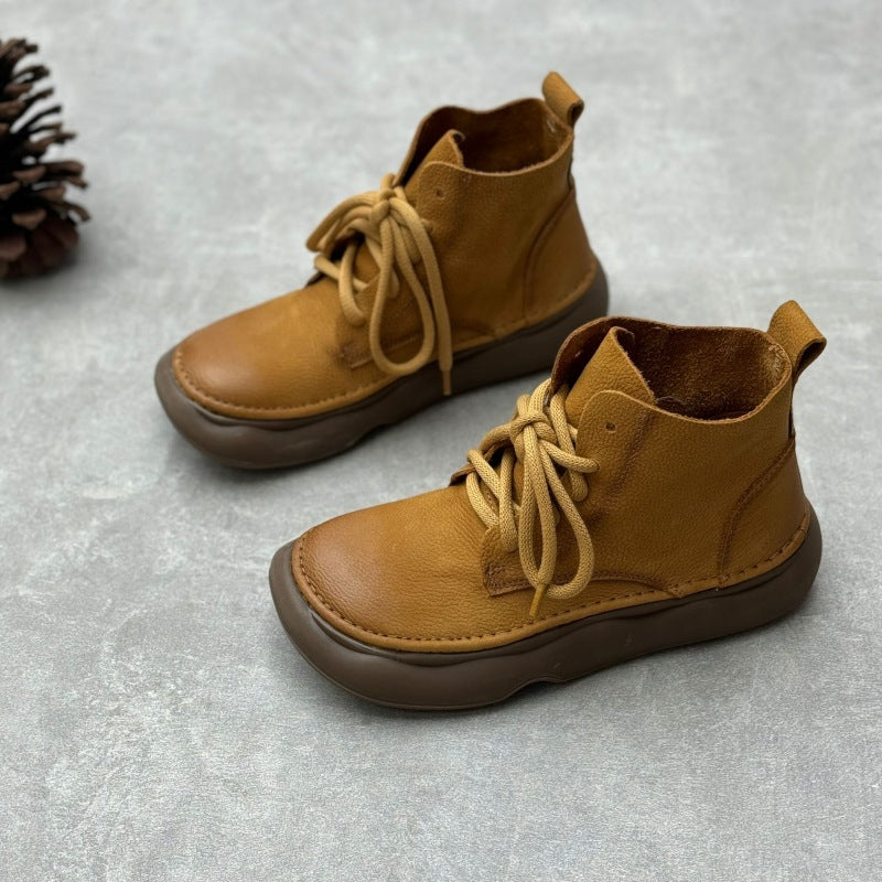 Retro Style Women's Soft Leather Ankle Boots – Platform Lace-Up Short Boots