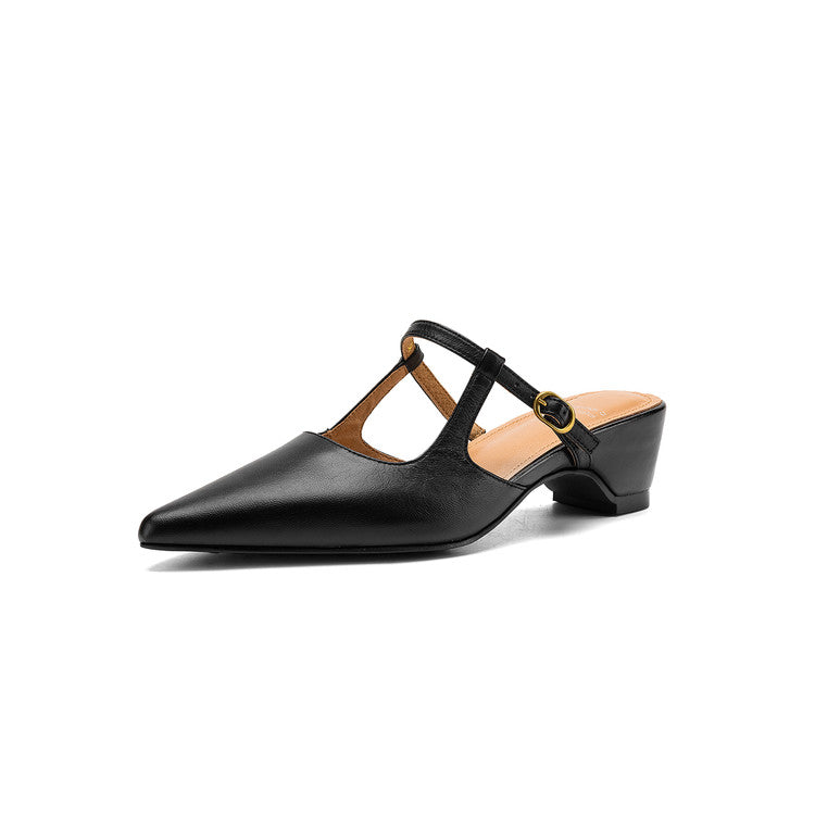 Women's Sheepskin T-Strap Mules - Pointed Toe Mid Block Heel Pumps-