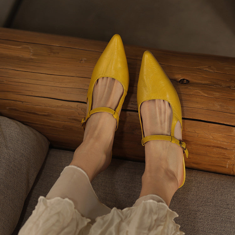 Women's Sheepskin T-Strap Mules - Pointed Toe Mid Block Heel Pumps-