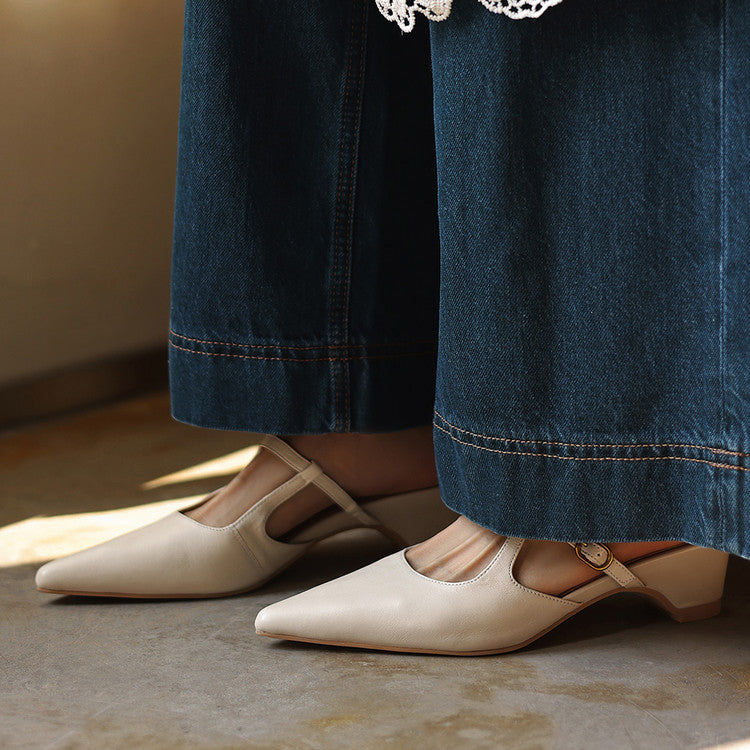 Women's Sheepskin T-Strap Mules - Pointed Toe Mid Block Heel Pumps-
