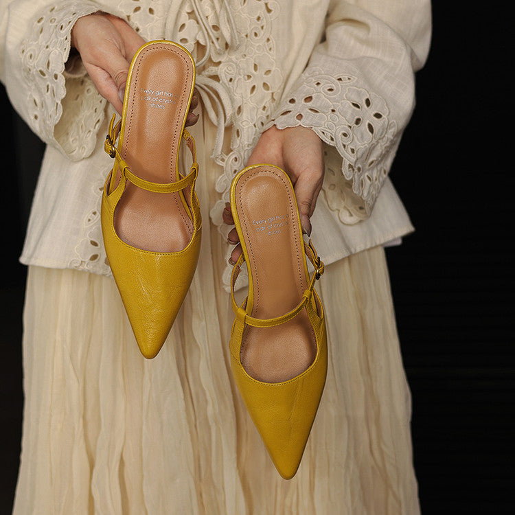 Women's Sheepskin T-Strap Mules - Pointed Toe Mid Block Heel Pumps-