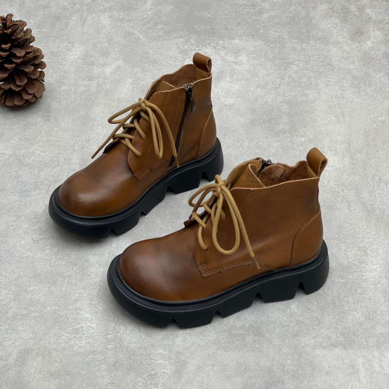 Women's Vintage Leather Platform Ankle Boots – Lace-Up Zipper Style