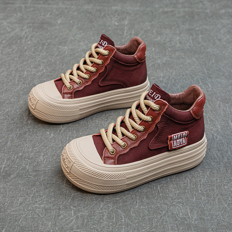 Women’s Leather Patchwork Lace-Up High-Top Shoes – Platform Casual Sneakers