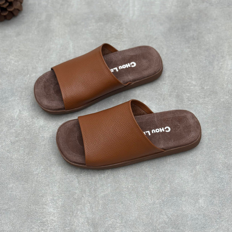 Women's Minimalist Pebbled Leather Mules - Luxury Raw-Cut Summer Slides